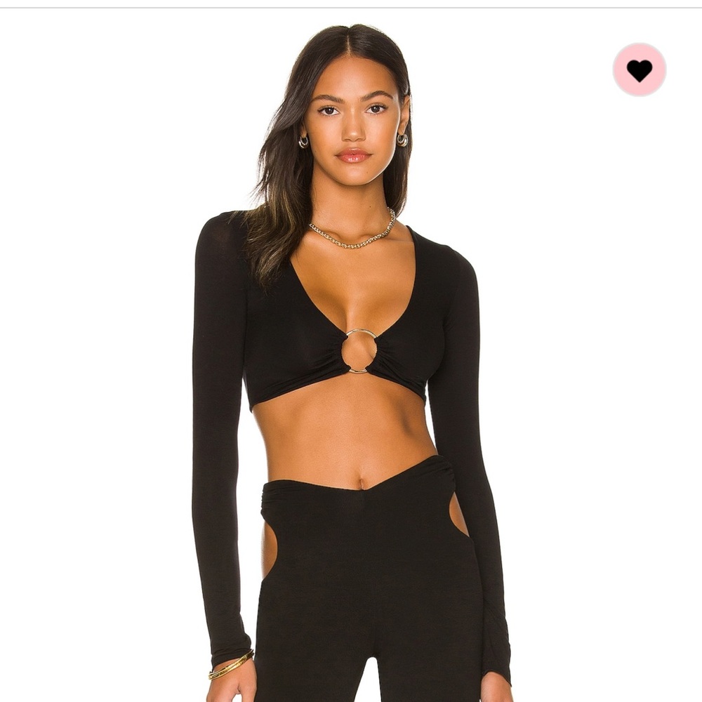 Indah Black Long Sleeve Crop Top with Front Ring